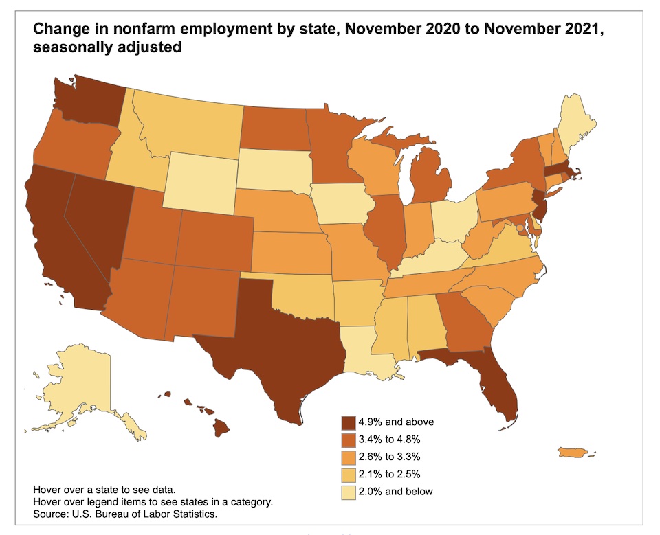 U.S. Bureau of Labor Statistics; Change in Nonfarm Employment by State, Seasonally Adjusted, Nov 2020–Nov 2021; retrieved 2021.12.29. 