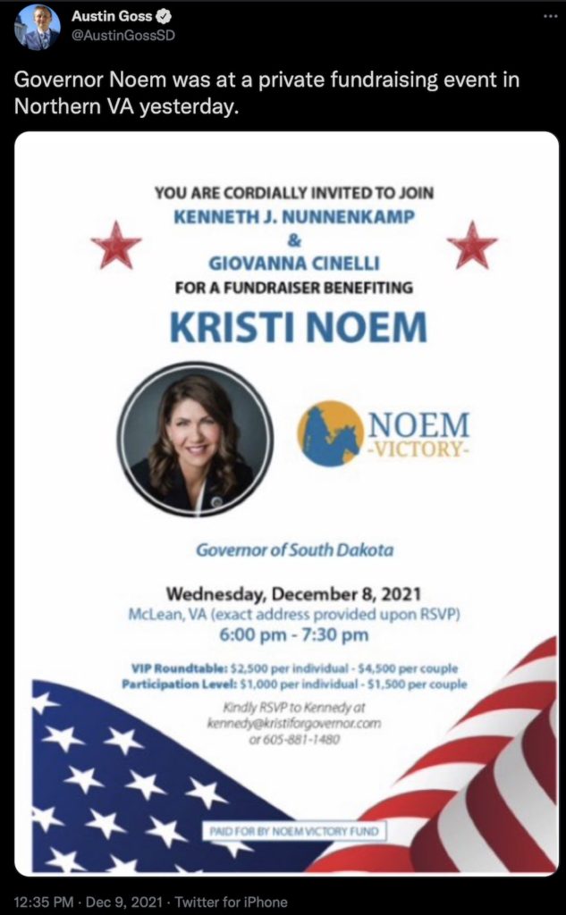 Austin Goss, tweet on Kristi Noem's Virginia campaign fundraiser, 2021.12.09.