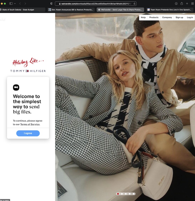 WeTransfer.com ad for Tommy Hilfiger, linked from Governor Noem's prayer-in-schools announcement on state website, retrieved, 2021.12.14.
