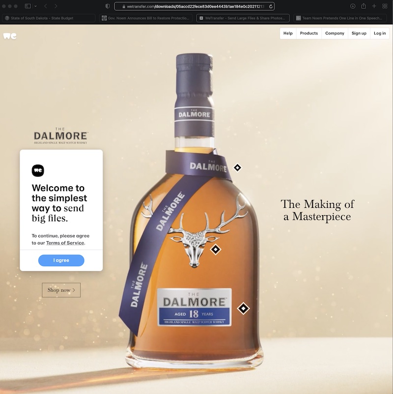WeTransfer.com ad for Dalmore whisky, linked from Governor Noem's prayer-in-schools announcement on state website, retrieved, 2021.12.14.