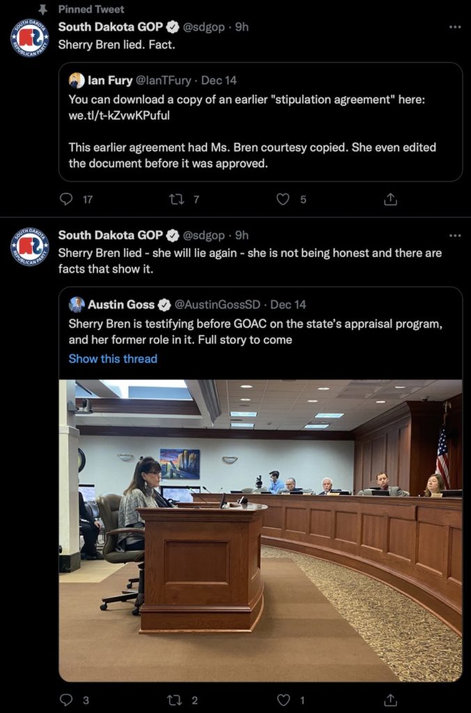 South Dakota GOP, tweets calling Sherry Bren a chronic liar, 2021.12.15.
