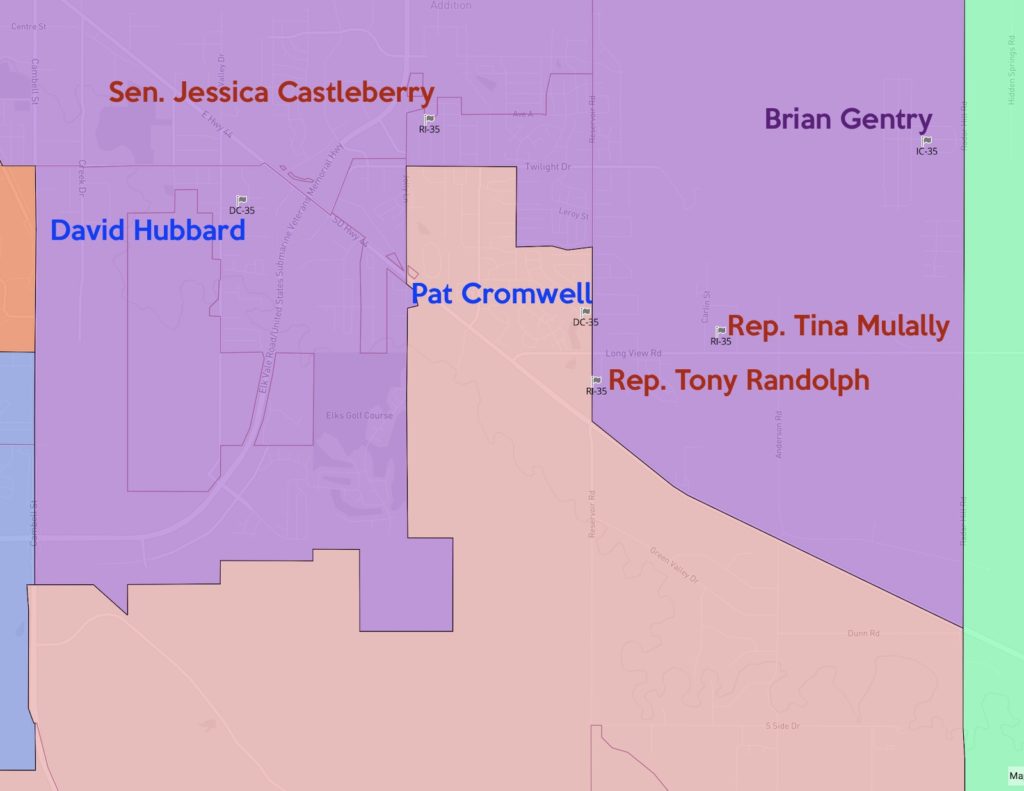 Sparrow map: boundary between Districts 30 and 35, with Republican incumbents and 2020 challengers.