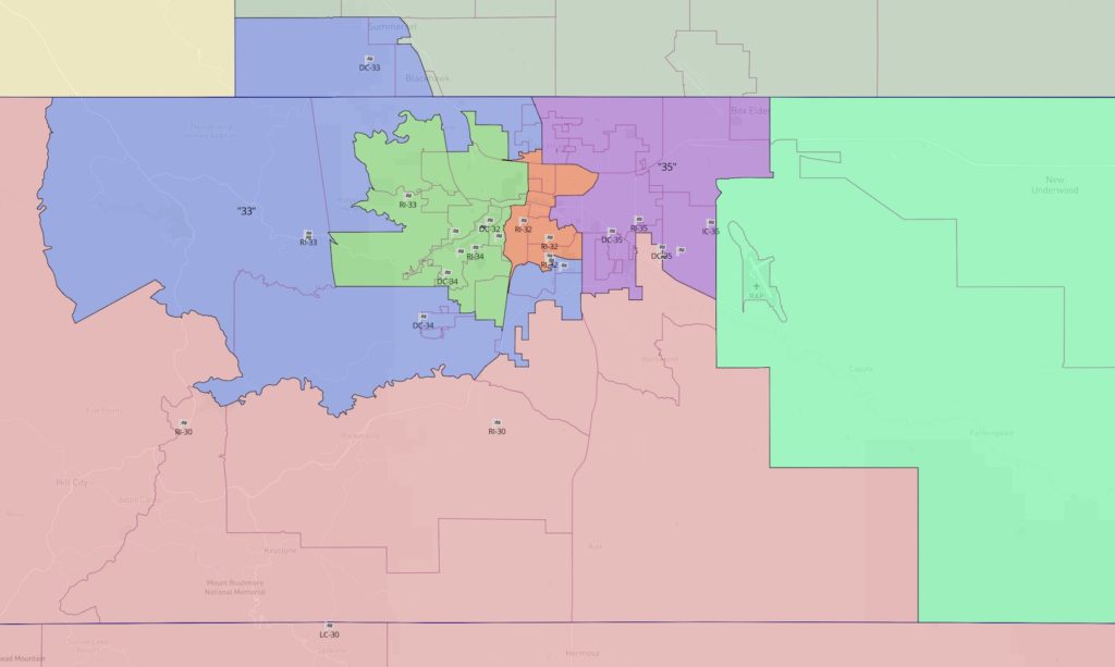 Sparrow map, 2022–2030 SD Legislative Districts, Rapid City area, retrieved from Dave's Redistricting, 2021.12.19.