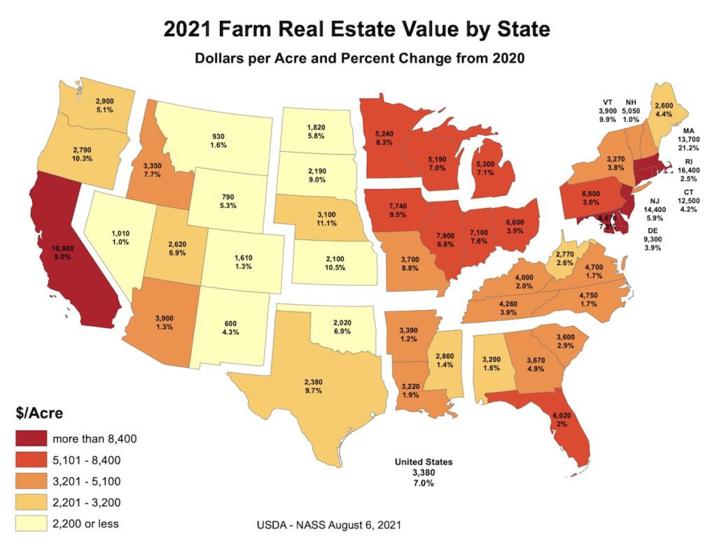 2021 Farm Real Estate Value USDA map