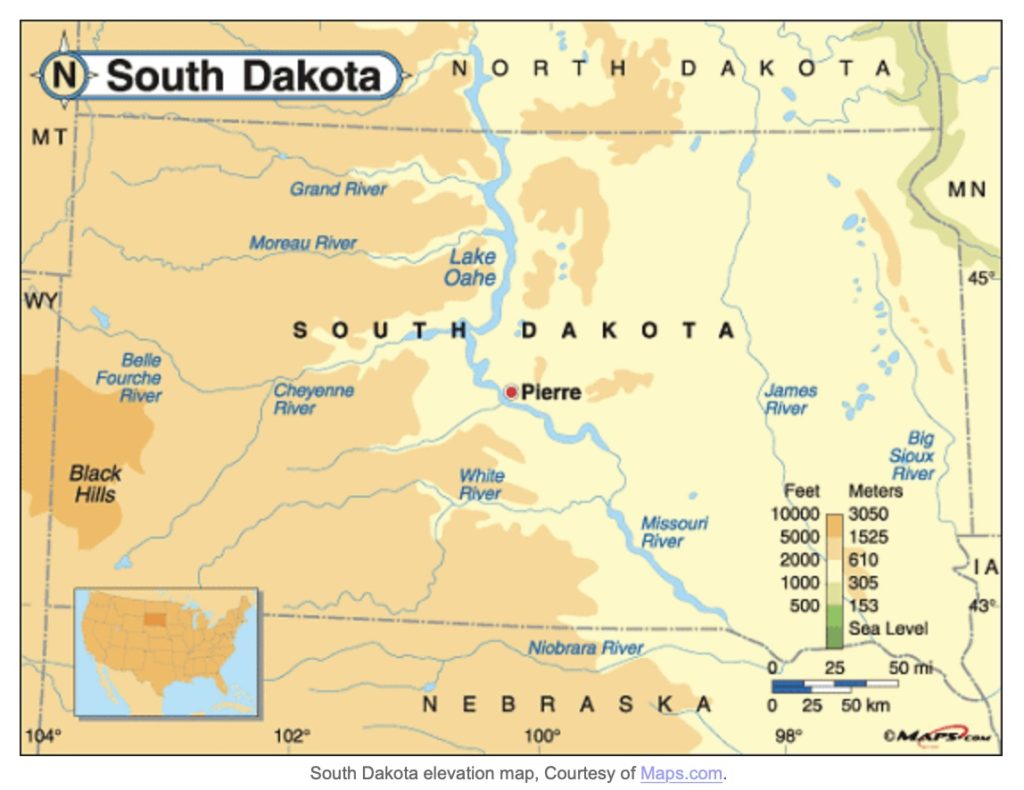 South Dakota elevation map, retrieved from NetState.com 2022.01.20.