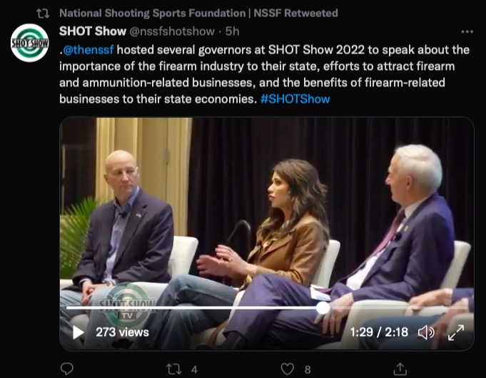 Gov. Kristi Noem in Las Vegas again, speaking in the National Shooting Sports Foundation "Shot Show 2022" governors forum, screen cap from @nssfshotshow video, posted 2022.01.20.