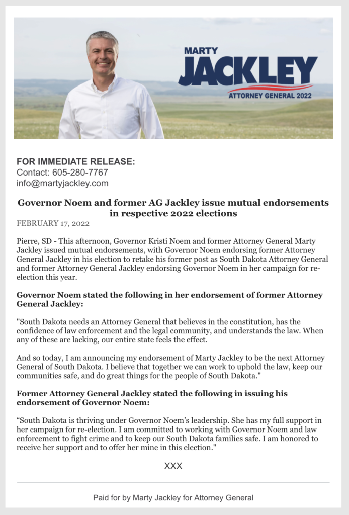 Marty Jackley, campaign email announcing mutual endorsement with Kristi Noem, retrieved from FB/Constant Contact, 2022.02.17.