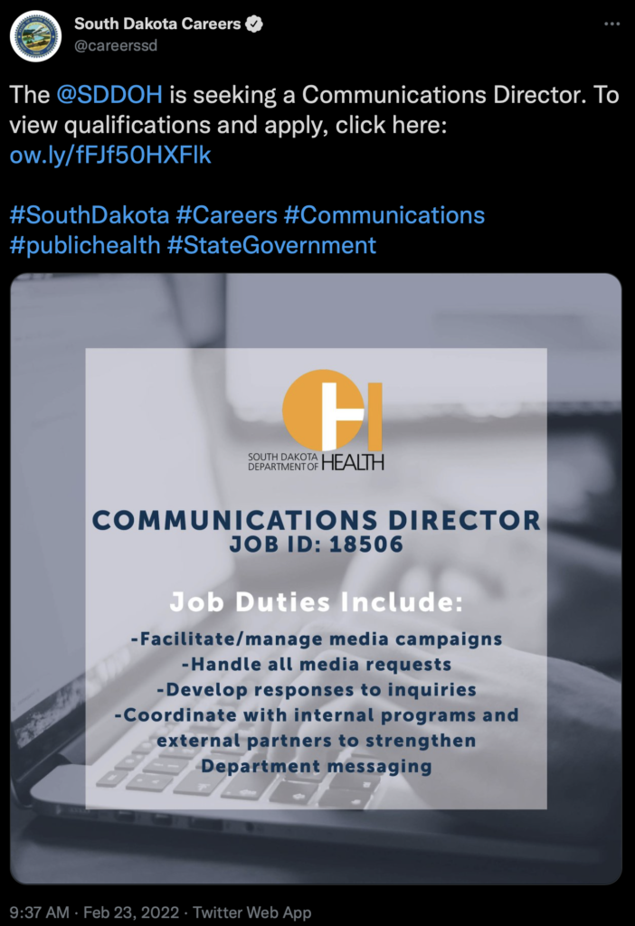 SD Bureau of Human Resources, tweets via @careerssd, 2022.02.23.
