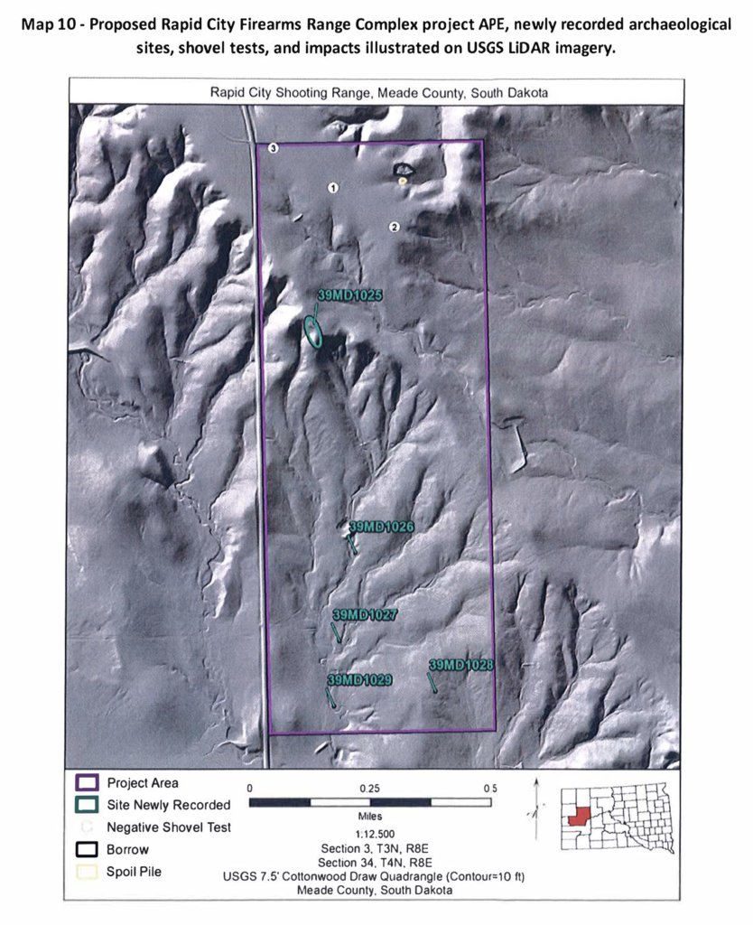 GFP, map of archaeological sites at proposed Rapid City shooting range. 39MD1025 is the stone cairn recommended for National Register of Historic Places. 2022.02.18, p. 15.