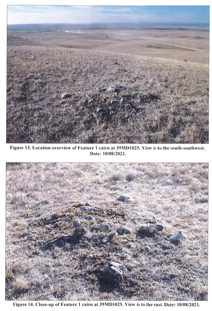 Stone cairns identified on ridge through proposed Rapid City shooting range, Matthew D. Busch, Archeological Research Center, "A Class III Intensive Cultureal Resources Survey for the South Dakota Game, Fish and Parks, Rapid City Firearms Range Complex, Meade County, South Dakota," prepared for Game Fish & Parks, 2021.11.12, p. 16.