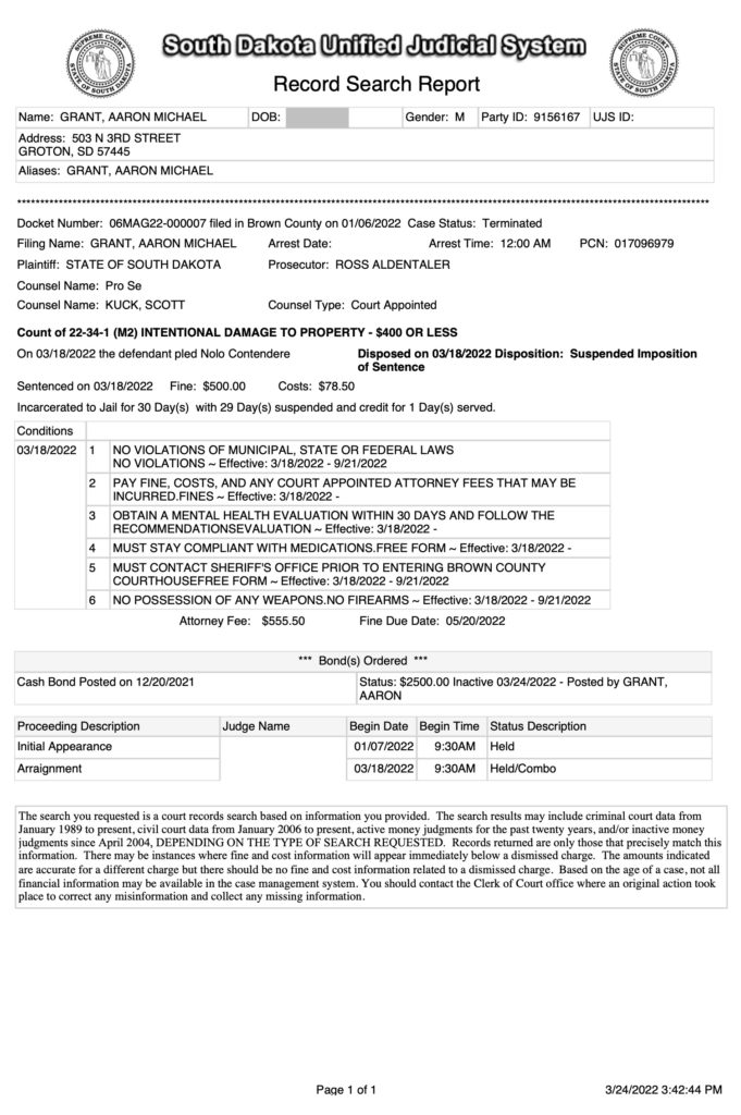 South Dakota Unified Justice System, Docket #06MAG22-000007, record of arrest and conviction of Aaron Michael Grant, showing corrected plea and updated attorney fee, retrieved from Brown County Clerk of Courts 2022.03.24