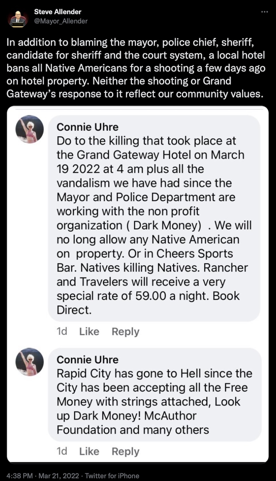 Mayor Steve Allender, tweet of racist post by Connie Uhre, 2022.03.21.