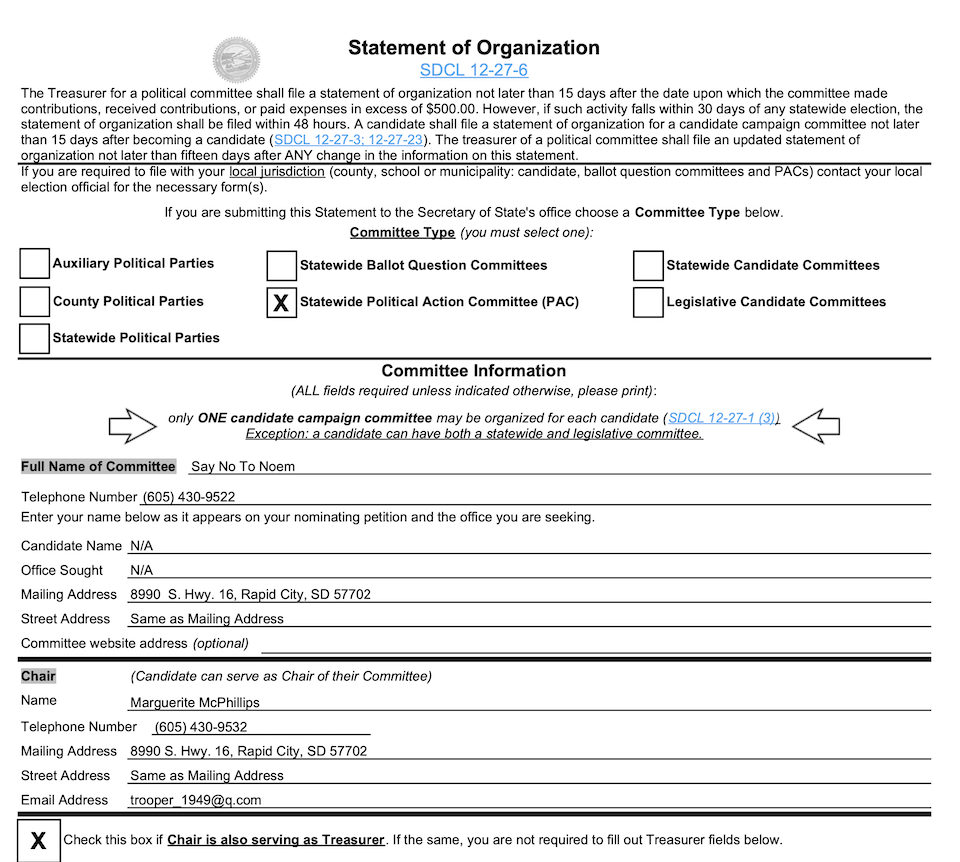 Say No to Noem, PAC statement of organization, filed with SDSOS 2022.02.22.