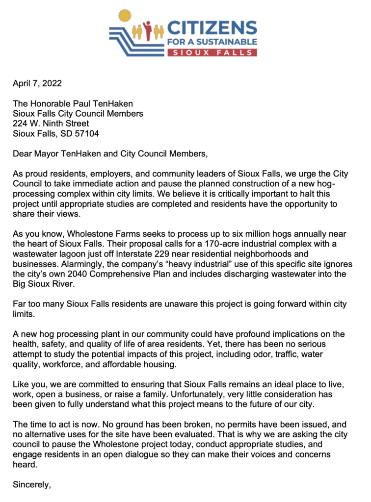 Citizens for a Sustainable Sioux Falls, open letter, 2022.04.07.