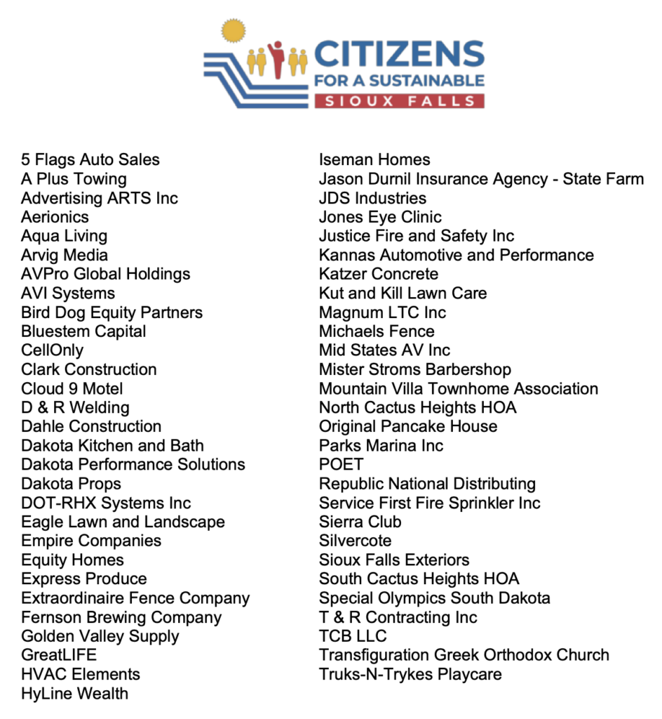 Citizens for a Sustainable Sioux Falls, businesses supporting open letter, 2022.04.07.