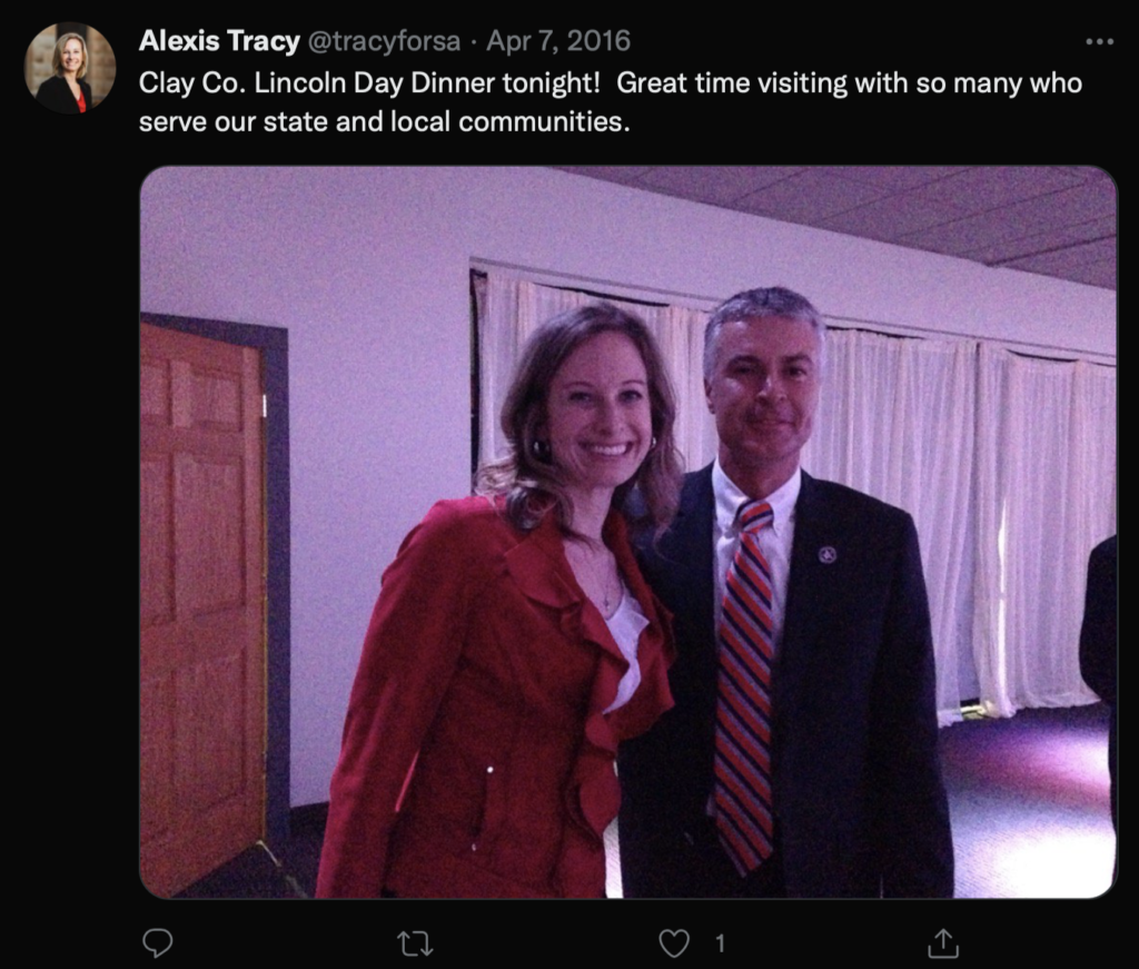 Alexis Tracy, Twitter pic with Attorney General Marty Jackley at Clay County Lincoln Day Dinner, 2016.04.07.