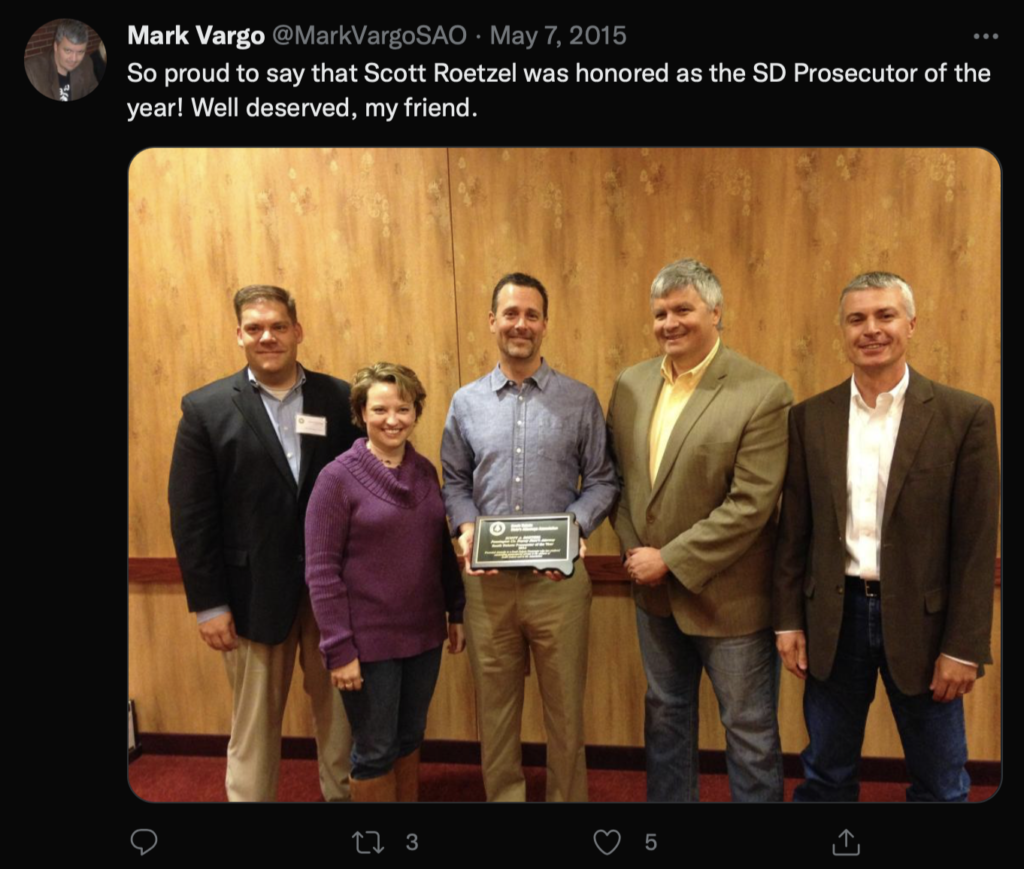 Mark Vargo (second from right), Twitter pic with Attorney General Marty Jackley (right), 2015.05.07.