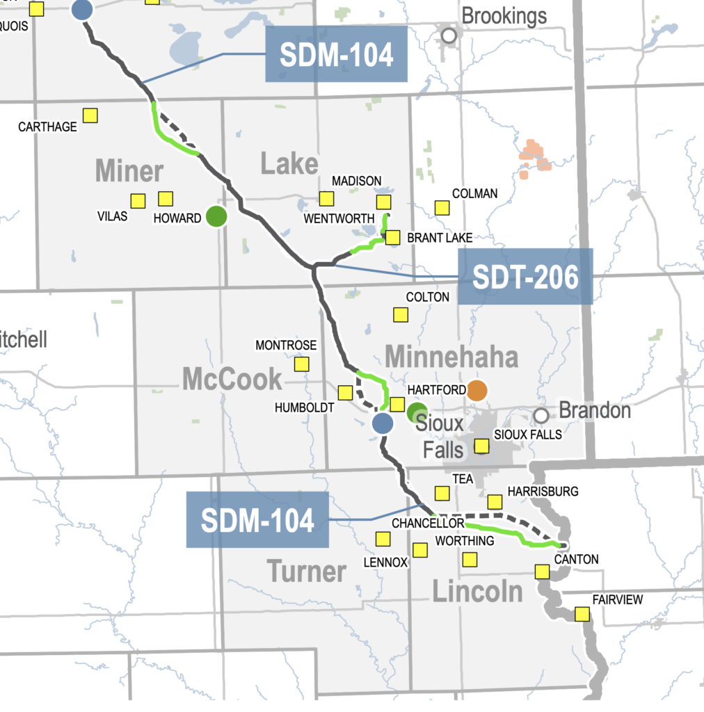 Proposed changes to Summit Carbon Solutions CO2 pipeline route in southeast South Dakota—old route dashed, new route green. Submitted to PUC 2022.04.08.