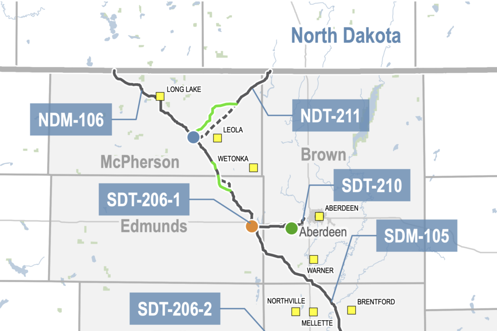 Proposed changes to Summit Carbon Solutions CO2 pipeline route in northeast South Dakota—old route dashed, new route green. Submitted to PUC 2022.04.08.