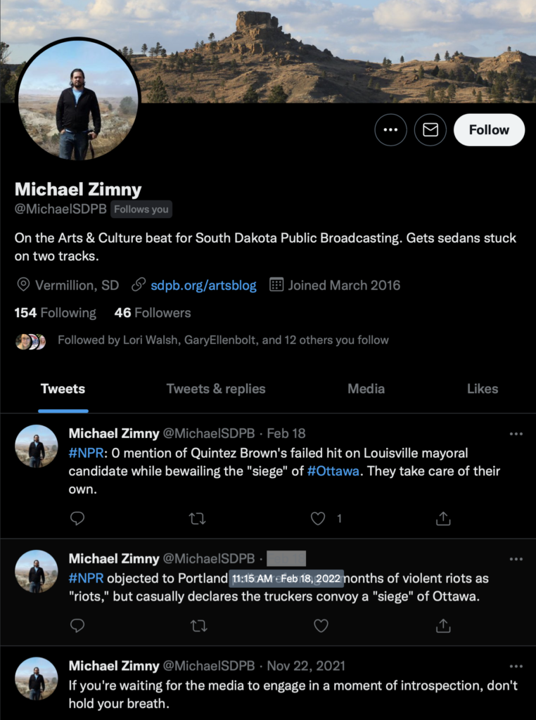 Michael Zimny, SDPB arts and culture reporter, tweets, 2022.02.18 and 2021.11.22.