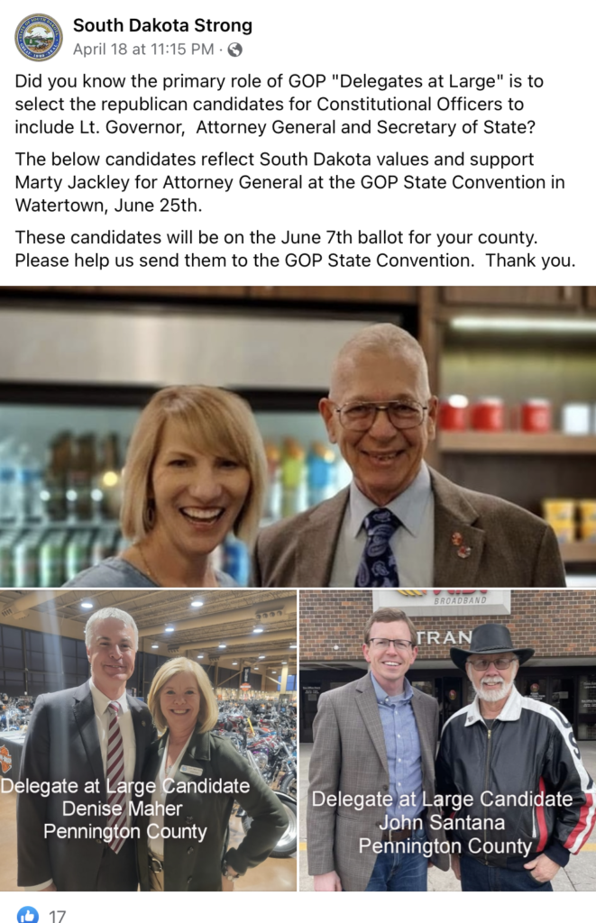 SD Strong, FB post promoting Jackley delegate candidates Teresa Thompson of Meade County and Denise Maher and John Santana of Pennington County, 2022.04.18.