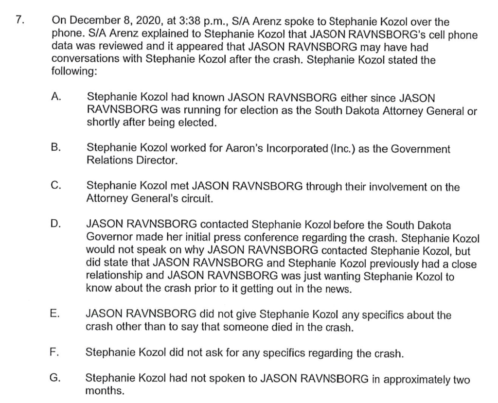 Ravnsborg impeachment investigation file, ND Report 52, exceprt showing summary of Joe Arenz's phone conversation with Stephanie Kozol, 2020.12.08.