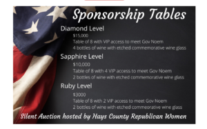 Hays County Texas GOP, poster for April 25, 2022, Lincoln Reagan Dinner featuring SD Gov. Kristi Noem, sponsorship levels and perks, retrieved 2022.04.27.