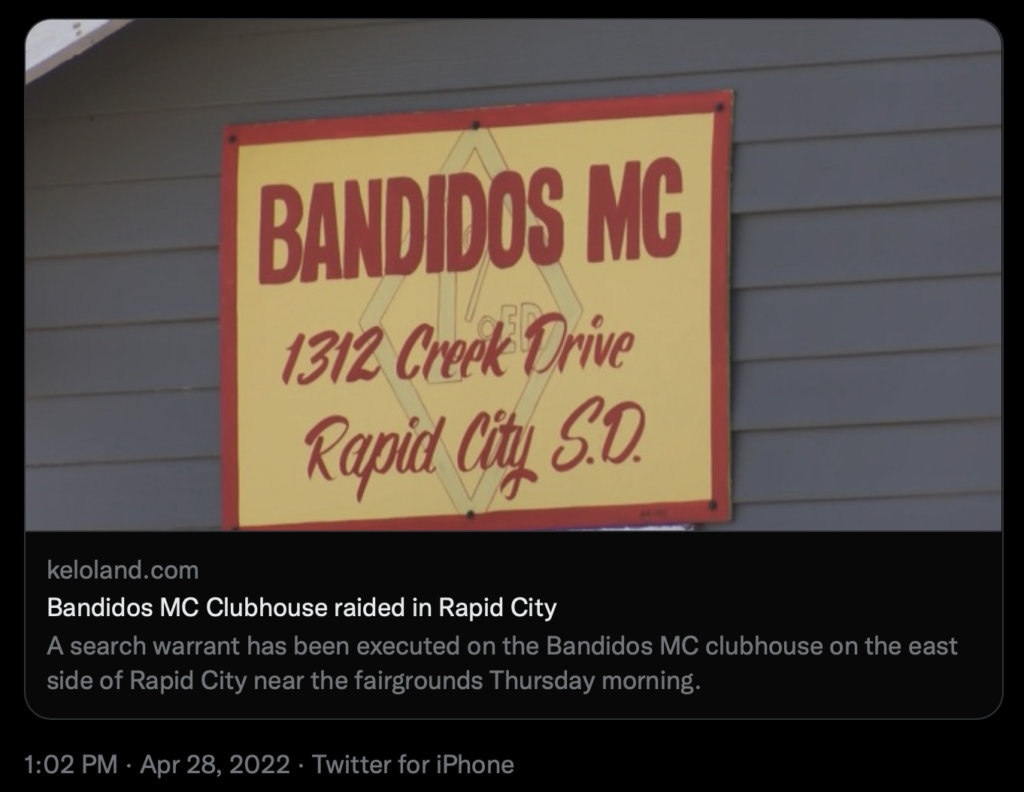 CAH, tweet of KELO-TV story on Bandidos raid, 2022.04.28.