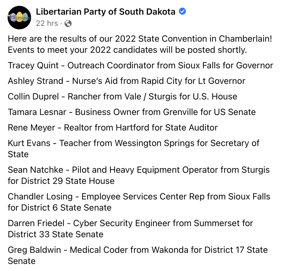 Libertarian Party of South Dakota, announcement of nominees from state convention, FB, 2022.04.29.