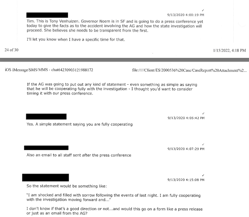 Tony Venhuizen, text messages to Tim Bormann, 2020.09.13, released in Ravnsborg investigation file by House impeachment committee 2022.03.30.