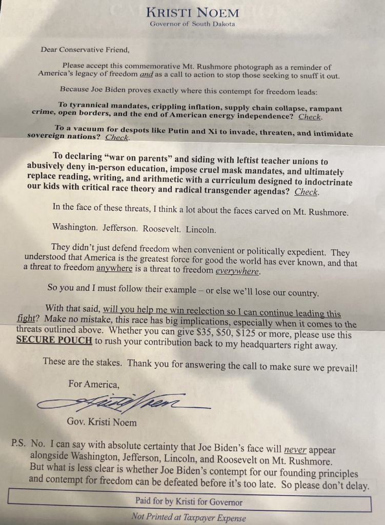 Kristi for Governor, campaign fundraising letter to Democrat in Texas, received by DFP May 2022.