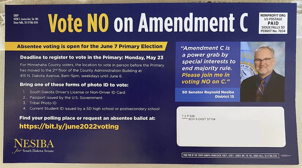 South Dakota Democratic Party, Vote NO on Amendment C postcard, back, May 2022.