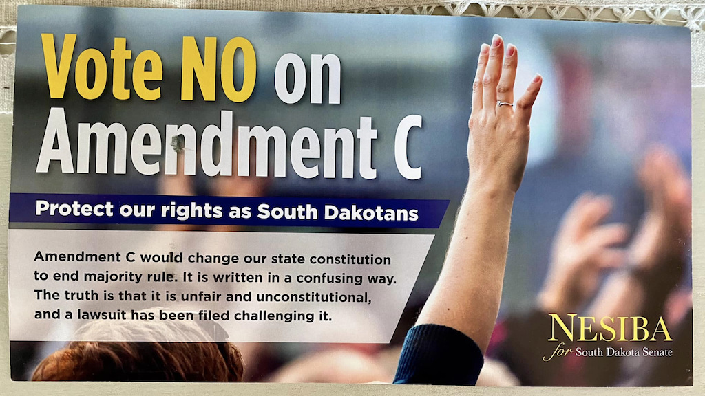 South Dakota Democratic Party, Vote NO on Amendment C postcard, front, May 2022.