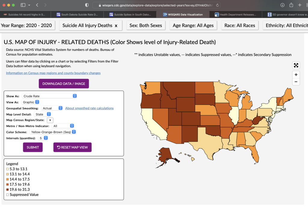 CDC-WISQARS, crude rates of suicide per 100K pop by state, 2020, retrieved 2022.05.05.