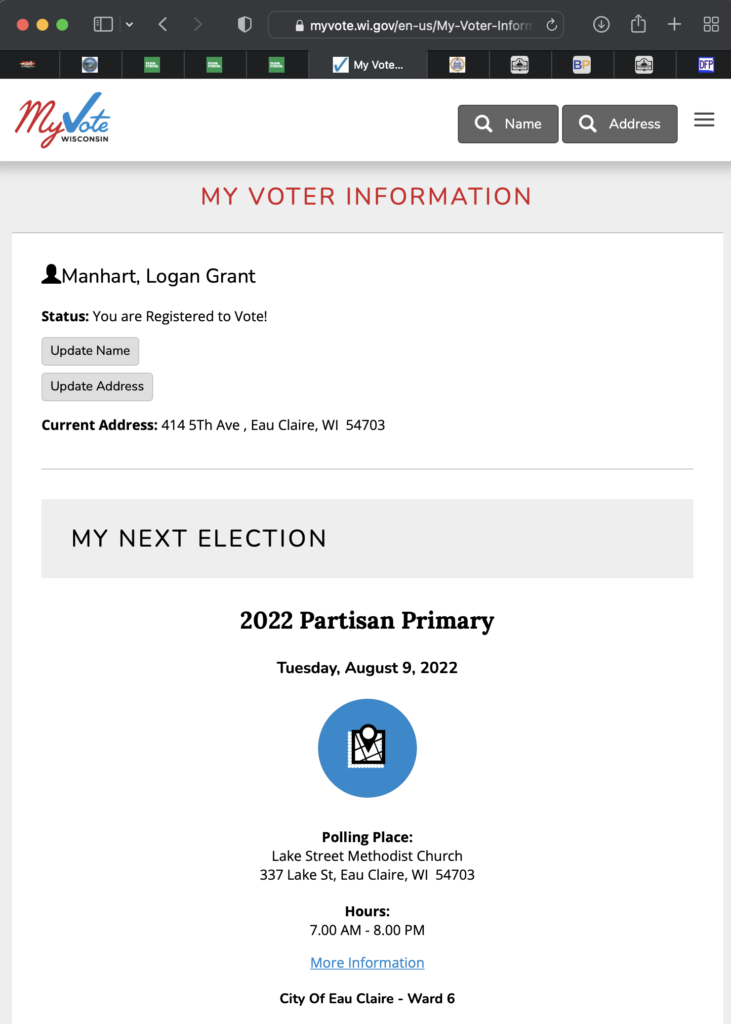 Wisconsin voter registration record for Logan Manhart, Eau Claire, Wisconsin, reported active as of 2022.05.05. Retrieved from MyVote.WI.gov 2022.05.05.