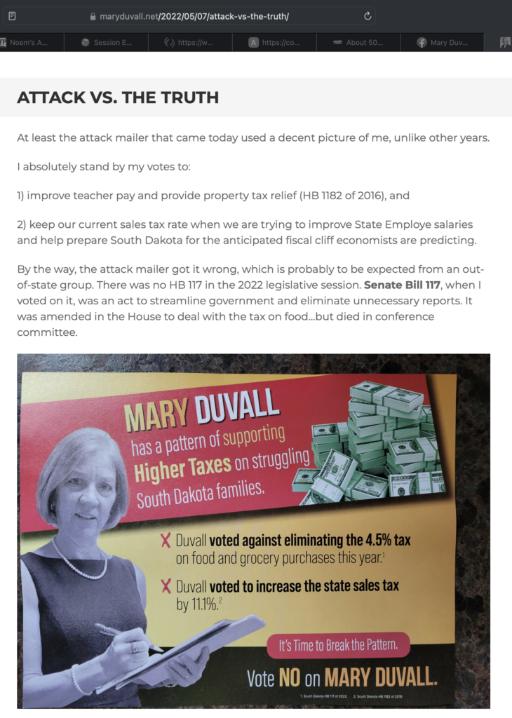 Sen. Mary Duvall, "Attack vs. the Truth," campaign website, 2022.05.07.
