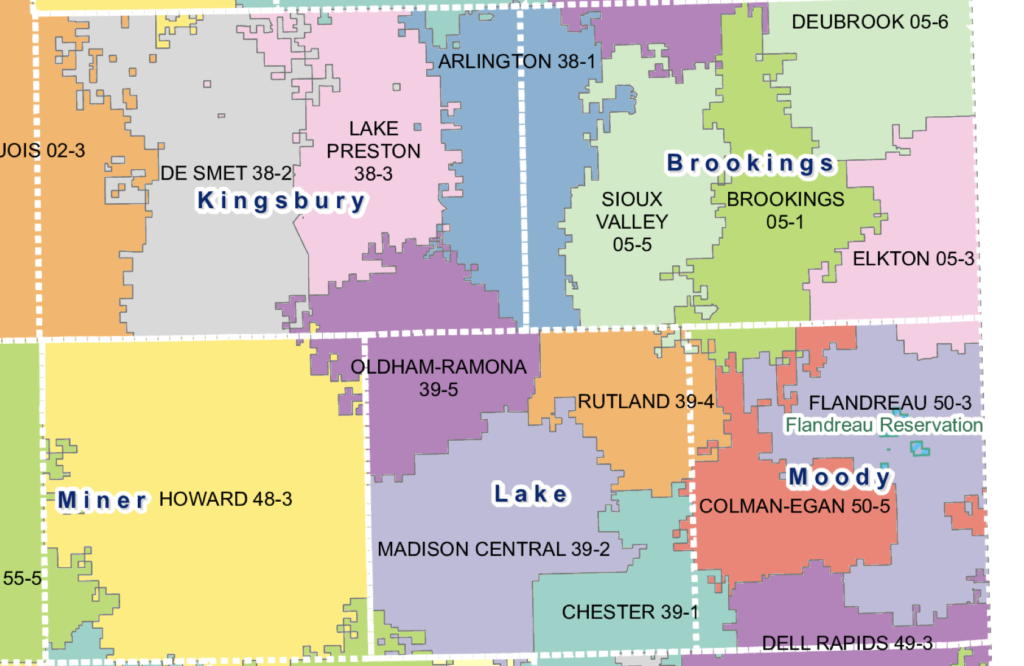 School Districts in Kingsbury, Miner, Lake, Moody, and Brookings counties, 2021–2022 school year, Department of Education, retrieved 2022.05.12.
