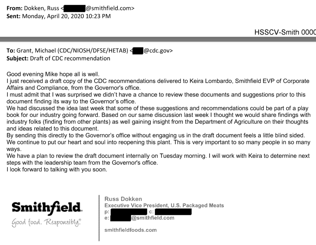 Russ Dokken, executive VP, Smithfield Foods, email to Dr. Michael Grant, CDC covid-19 Sioux Falls field team, 2020.04.20.