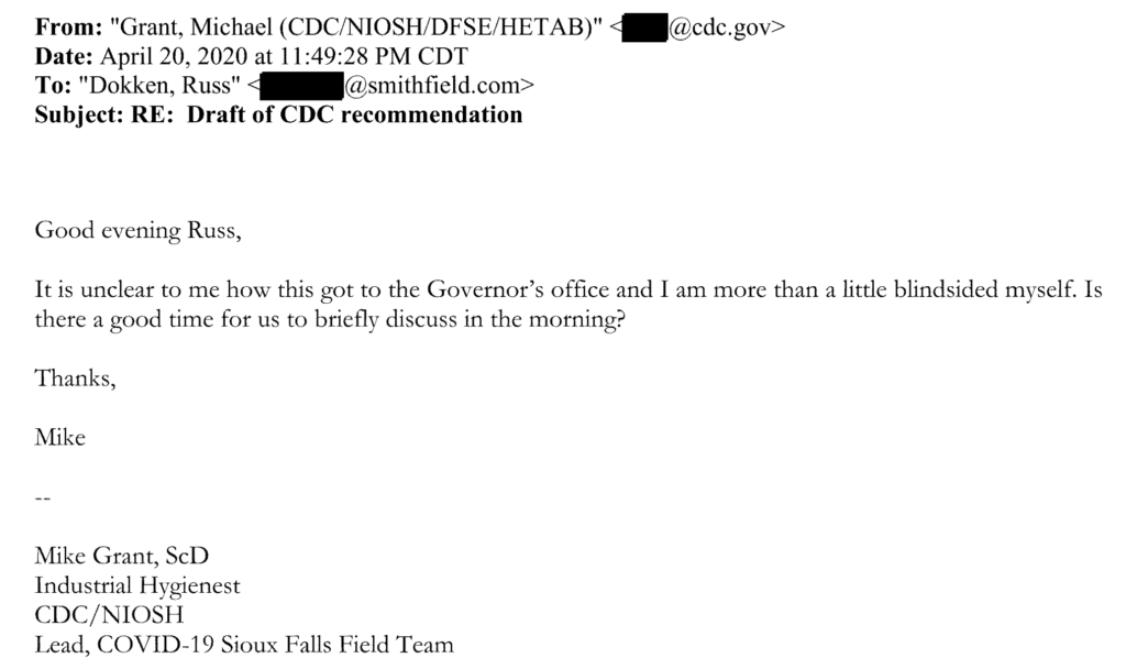 Dr. Michael Grant, CDC, email to Russ Dokken, Smithfield, 2020.04.20.
