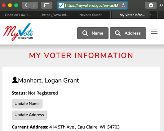 My Vote Wisconsin, voter record for Logan Grant Manhart, now inactive, retrieved 2022.05.16.