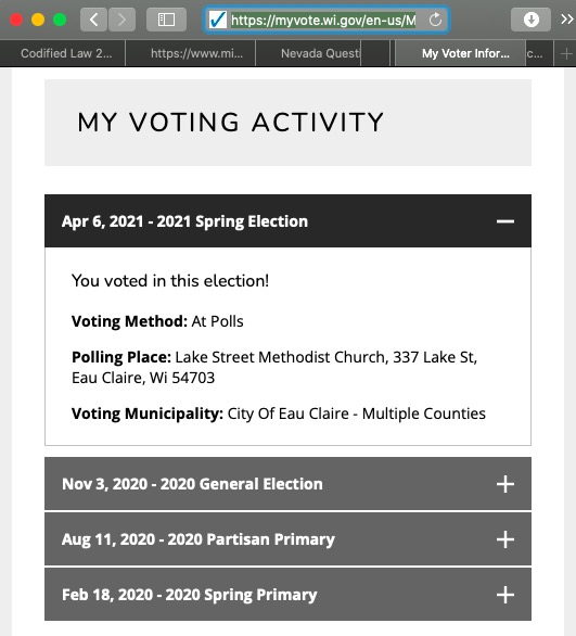 My Vote Wisconsin, voter record for Logan Grant Manhart, showing most recent voting activity in Wisconsin on April 6, 2021, preceded by votes in three Wisconsin elections in 2020, retrieved 2022.05.16.
