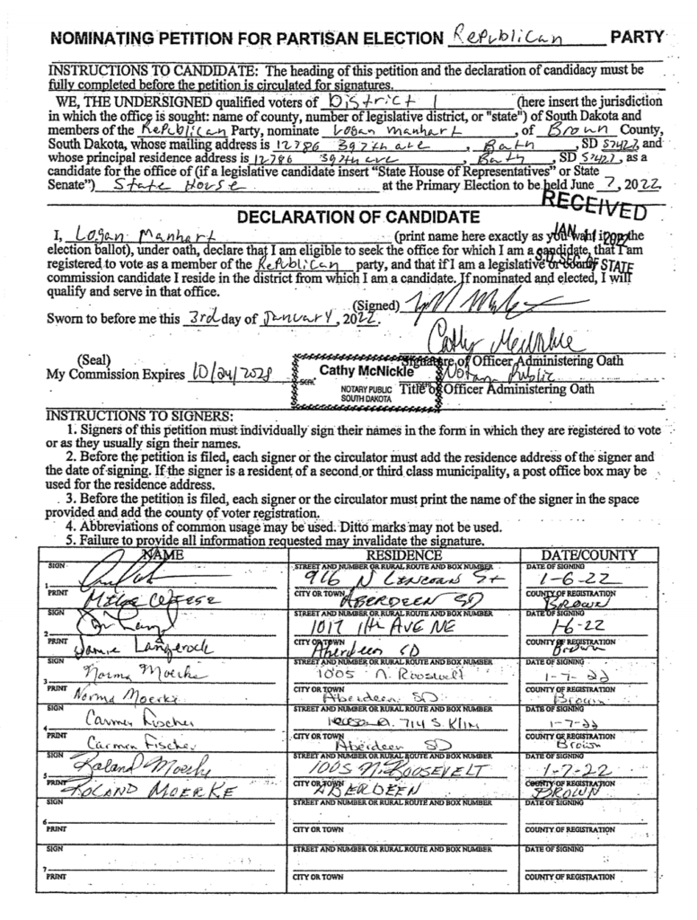 District 1 House nominating petition sheet for Logan Manhart, signed by five District 3 residents, circulated by District 3 Senator Al Novstrup 2022.01.06–07.