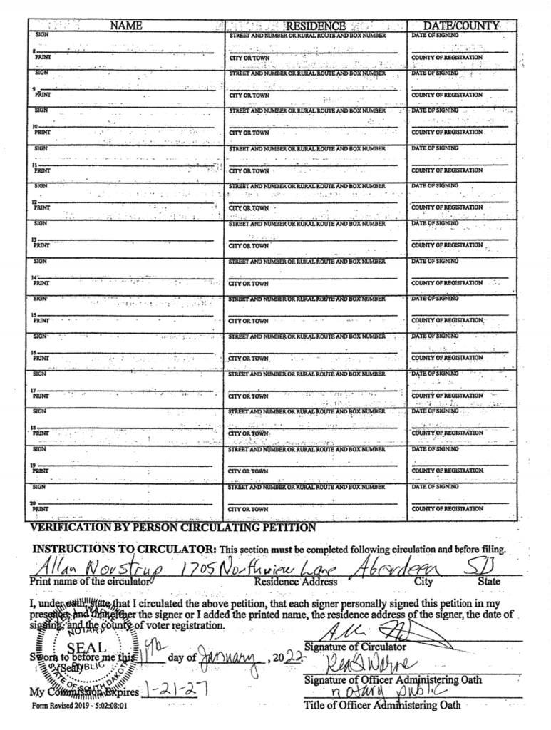 District 1 House nominating petition sheet for Logan Manhart, reverse showing circulator oath and notary seal, sworn by District 3 Senator Al Novstrup 2022.01.11.