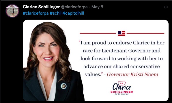 Clarice Schillinger, campaign tweet, 2022.05.05.