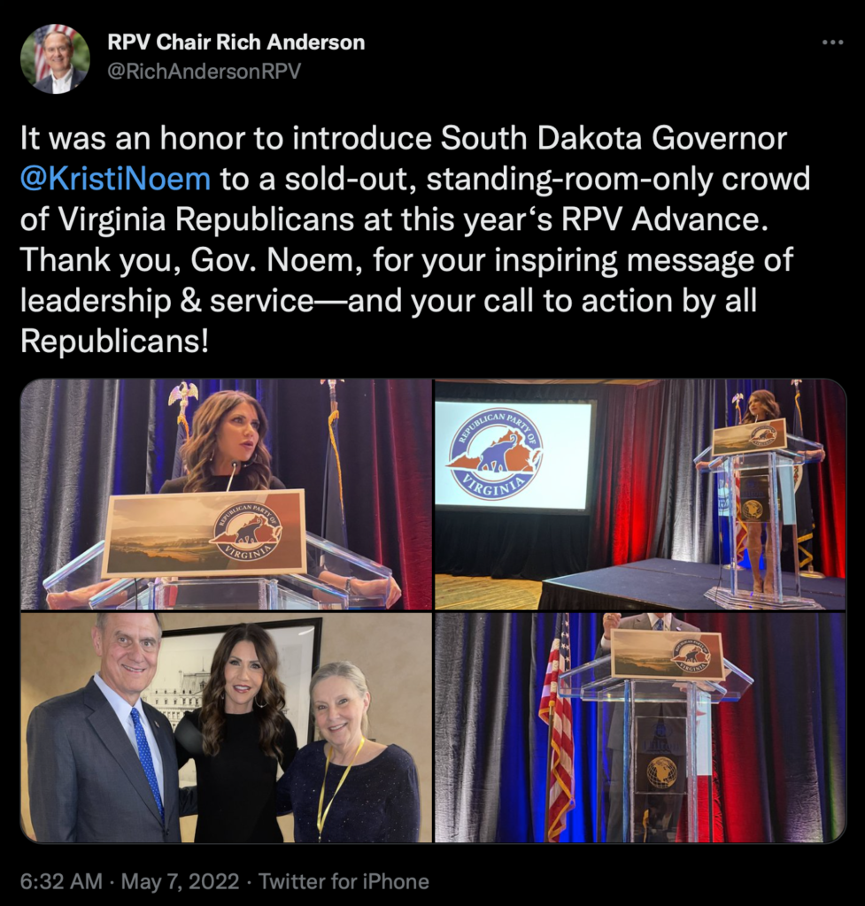 RPV Chair Rich Anderson, photos of Kristi Noem at RPV Advance in Herndon, Virginia, April 30, 2022, posted to Twitter 2022.05.07.