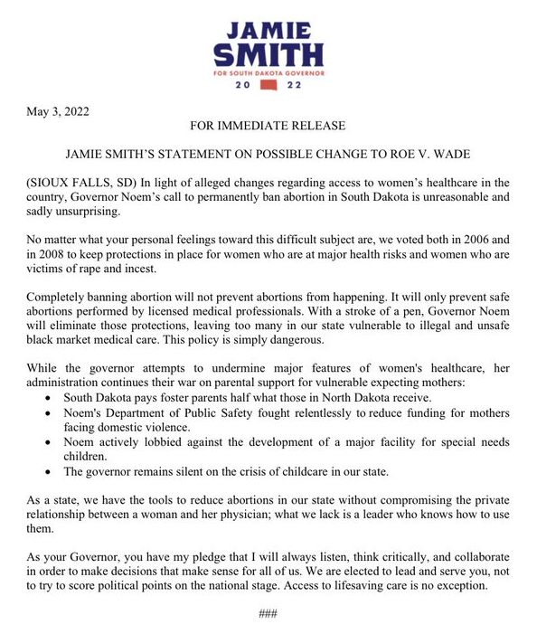 Jamie Smith; statement on Kristi Noem, abortion, and family policies; Twitter, 2022.05.03.