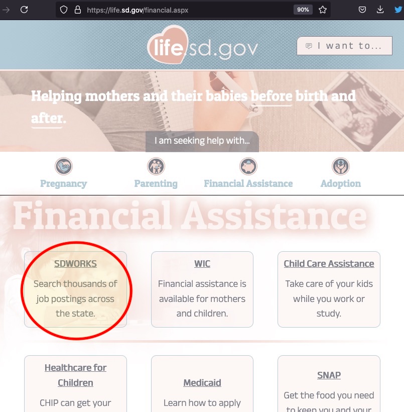 Noem's Life.SD.Gov Financial Assistance website, retrieved and annotated 2022.06.26.