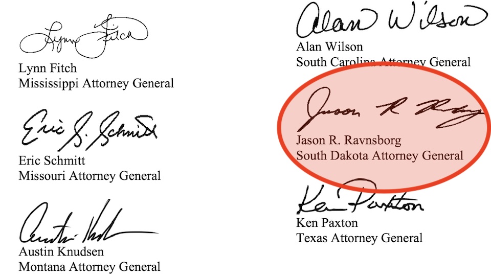 Official signature of Jason R. Ravnsborg on official letter sent to President Joe Biden by Tennessee AG Herbert Slatery, 2022.06.14.