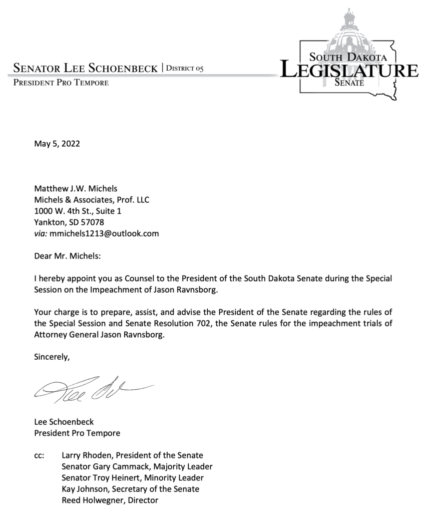 Sen. Lee Schoenbeck, letter to Matt Michels, emailed 2022.05.05.