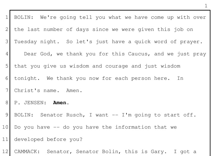 Excerpt, Senate Republican caucus transcript, April 2020, p. 1. Notice Comment from P. Jensen is only text in bold.